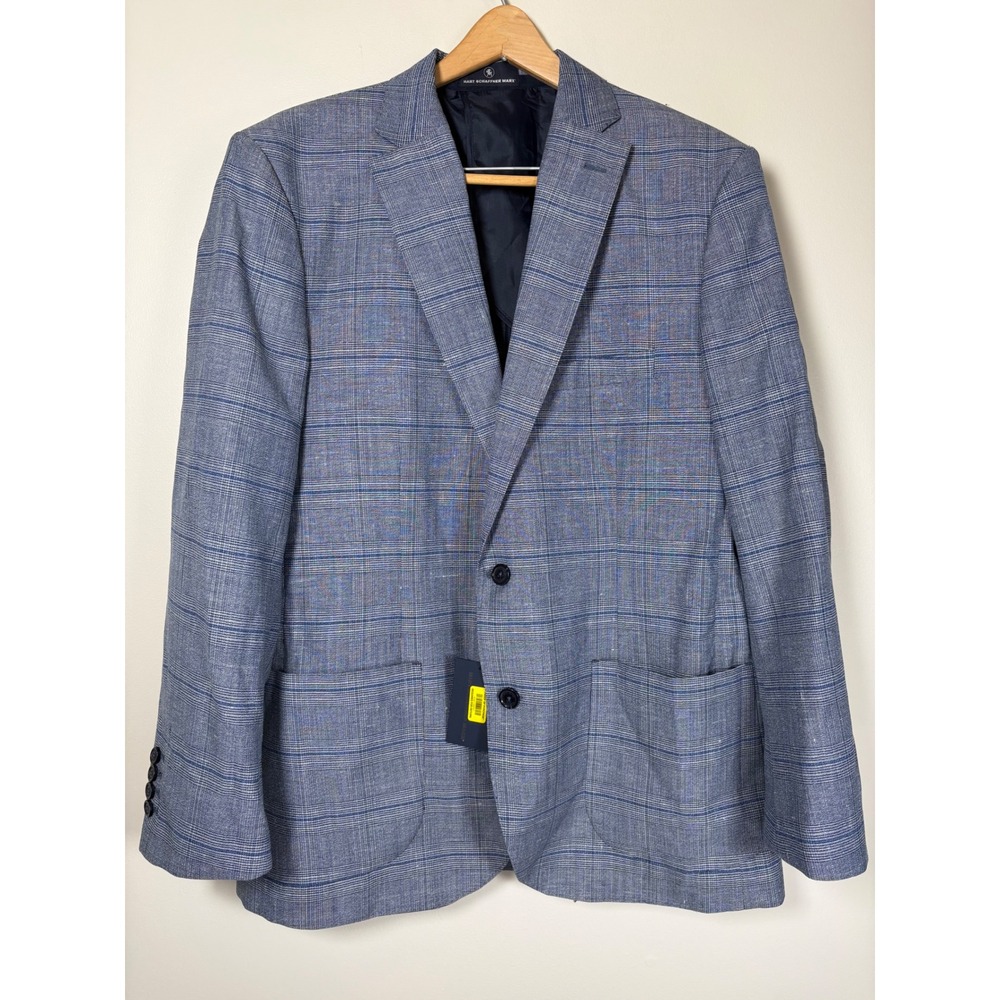 Hart Schaffner Marx Mens Blue Plaid Wool Linen Silk Sport Coat Blazer XL NEW